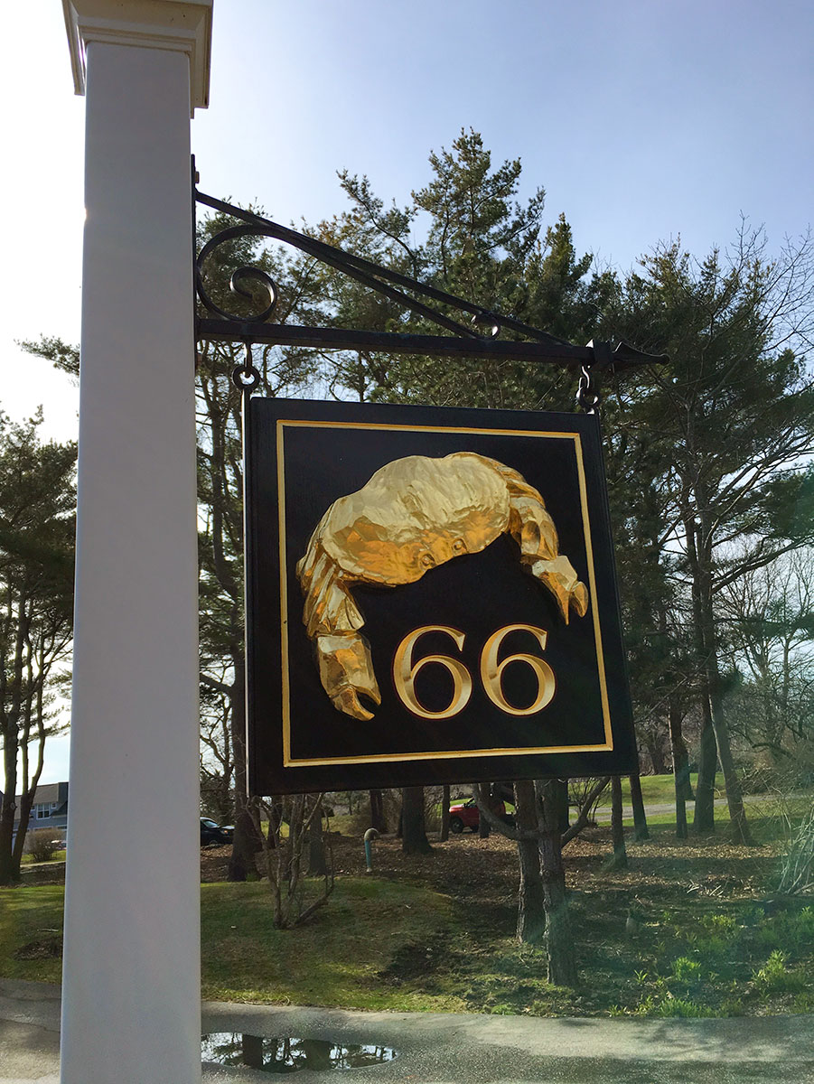 Home number sign with a hand carved crab, gilded with 23k gold leaf